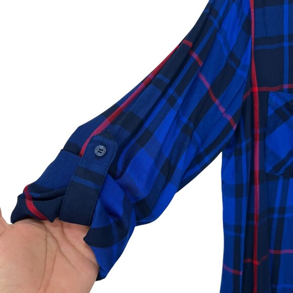 A.N.A Womens Button-Up Plaid Shirt Size M Blue & Red 100% Rayon - Picture 9 of 12